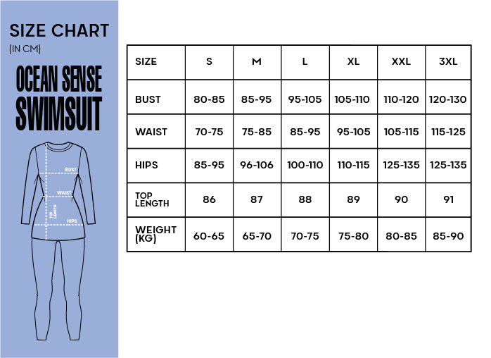 Ocean Sense Swimsuit size chart