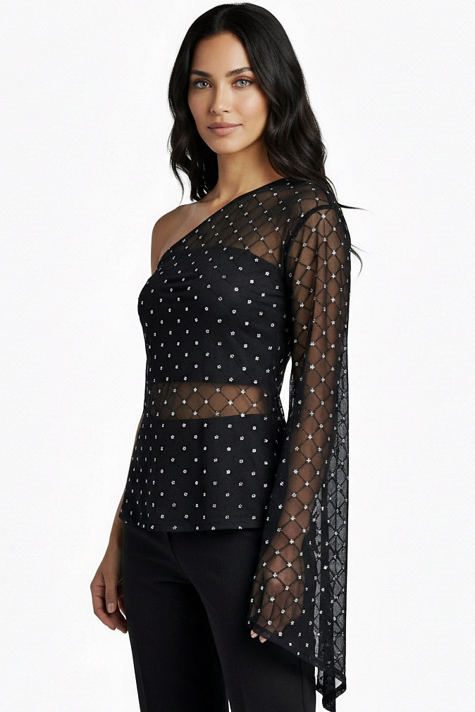 Ivory : Sheer Glitter Asymmetrical Top