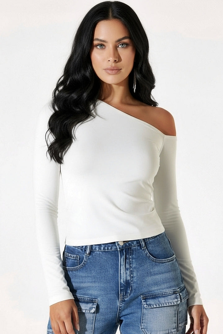 Ivory : Heavy Asymmetrical Off-Shoulder Top