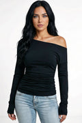 Bronze : Black Off-Shoulder Ruched Top