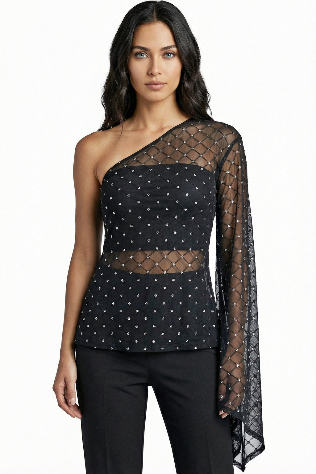 Ivory : Sheer Glitter Asymmetrical Top