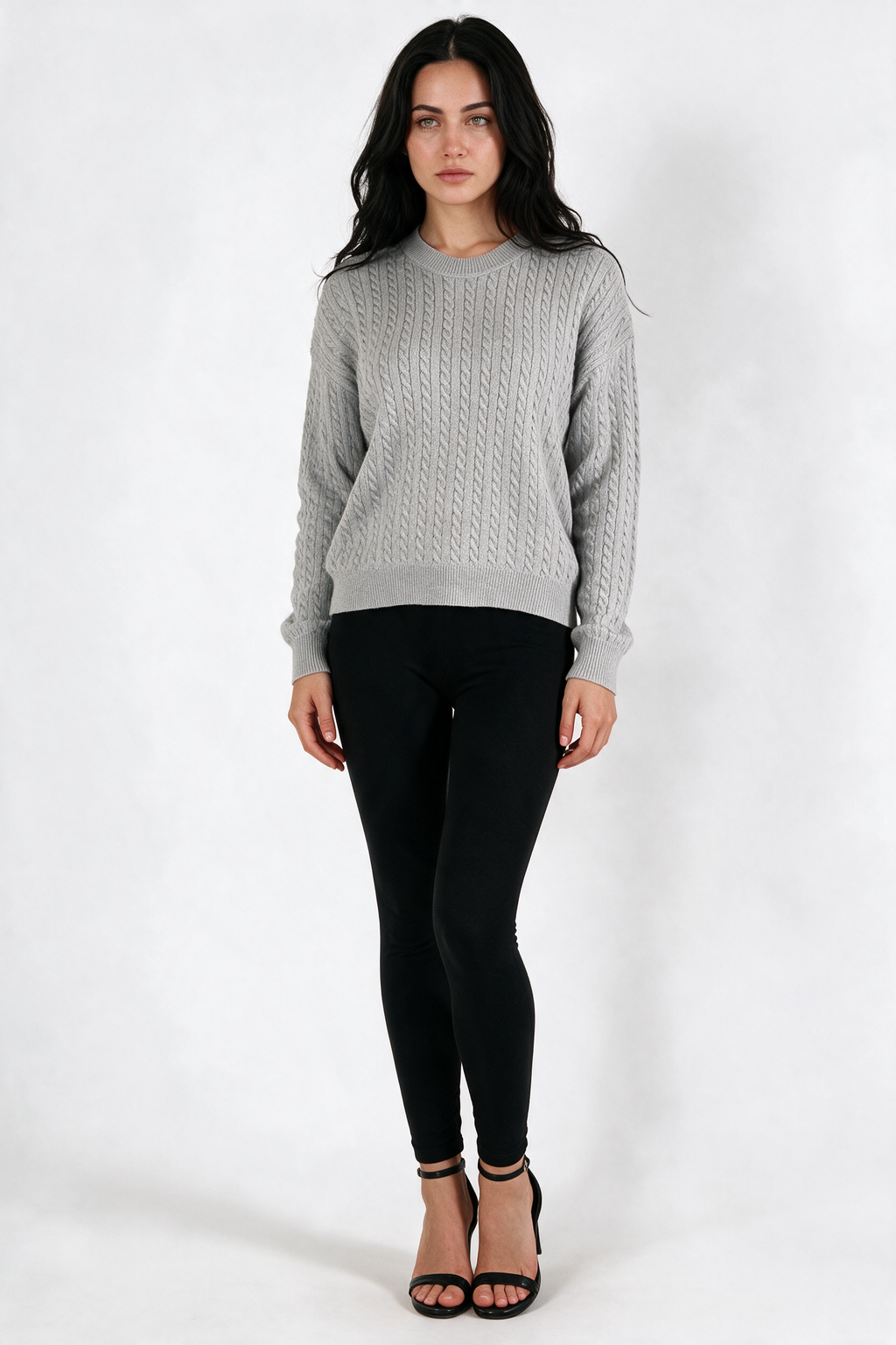 Cable-Knit Crew Neck Sweater - Gray - front