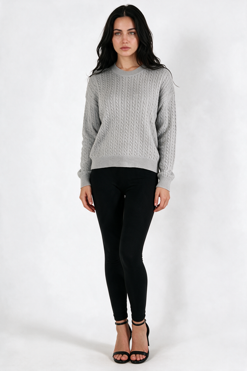 Cable-Knit Crew Neck Sweater - Gray - front