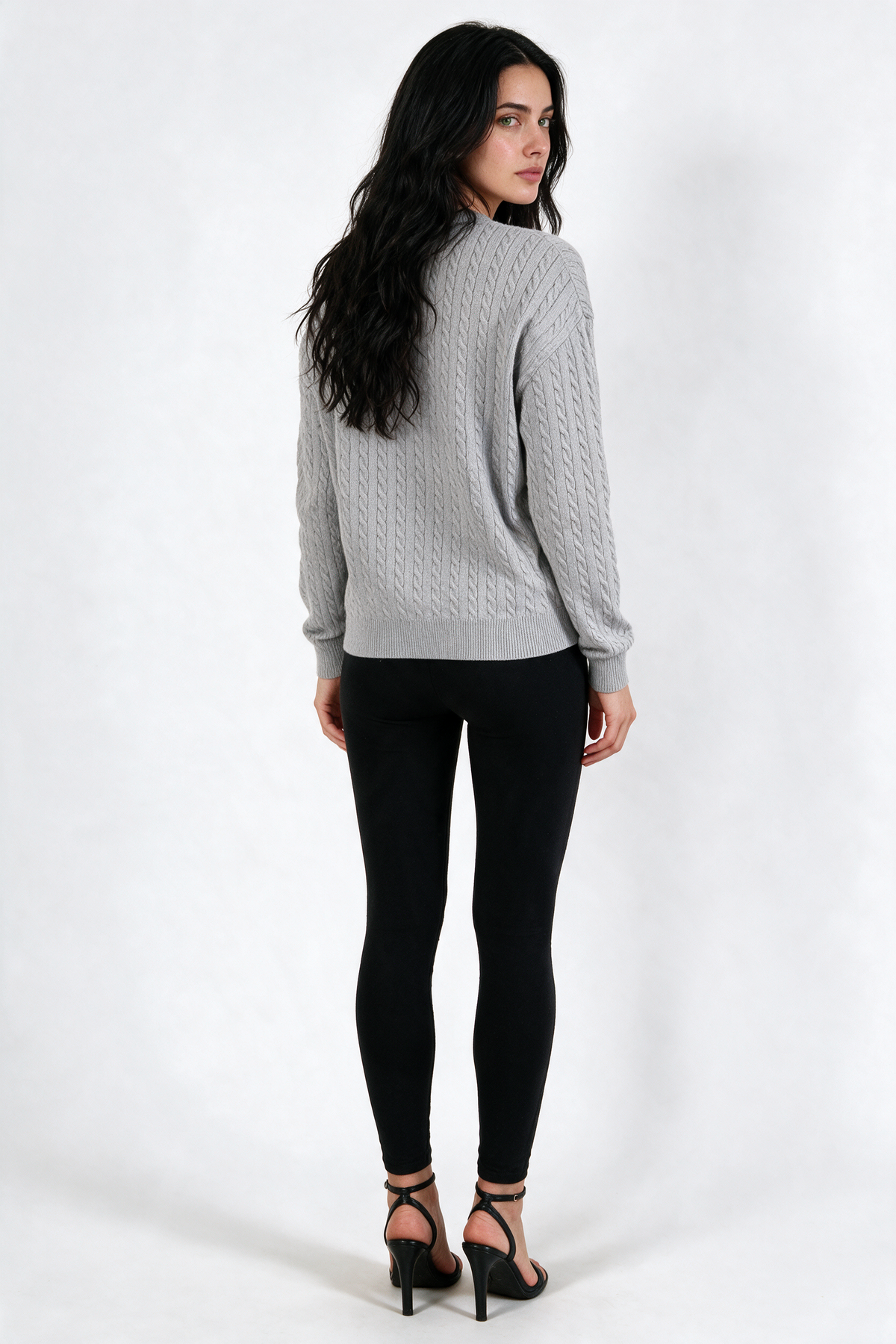 Cable-Knit Crew Neck Sweater - Gray - back