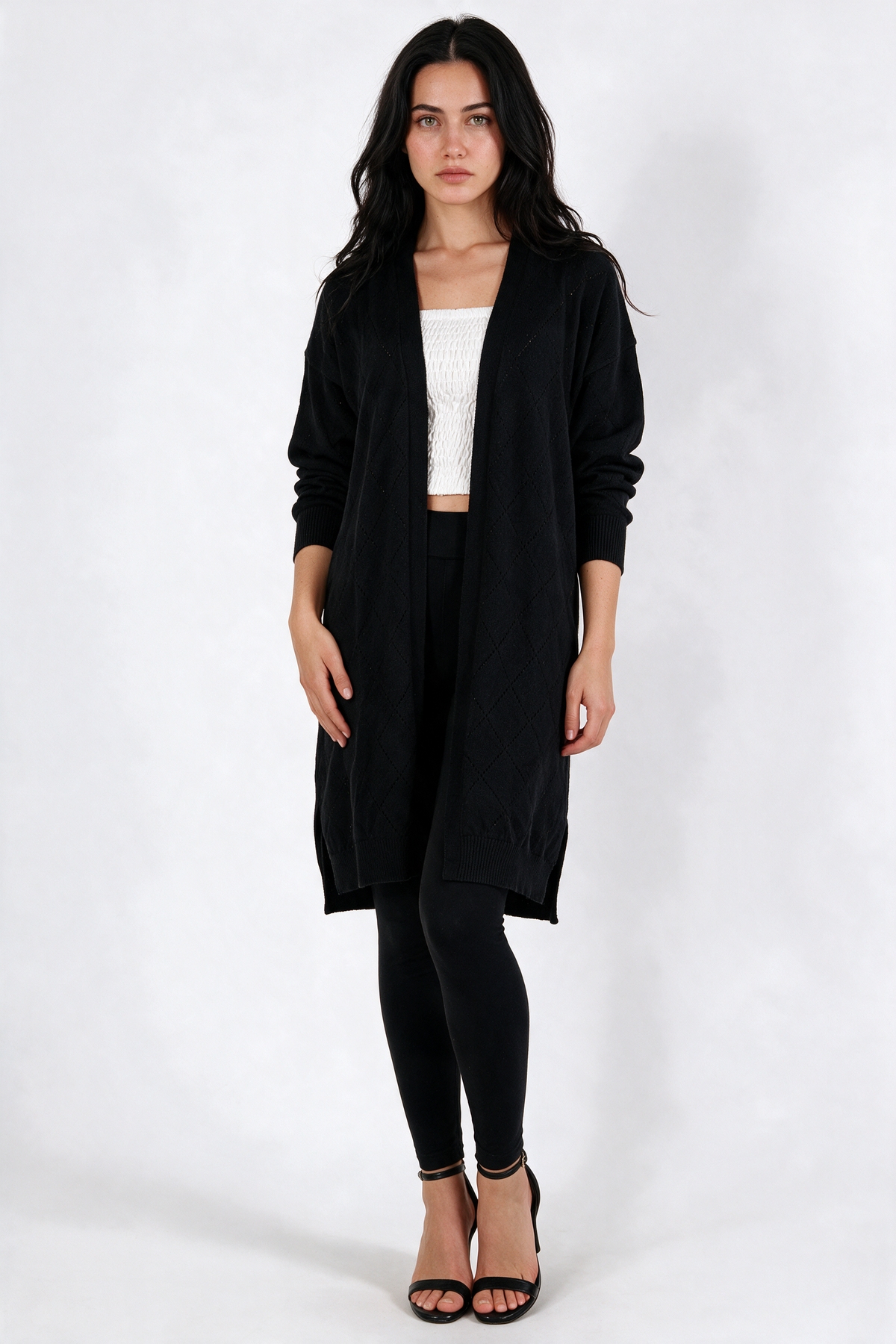 Long Pointelle Diamond-Knit Cardigan - Black - front