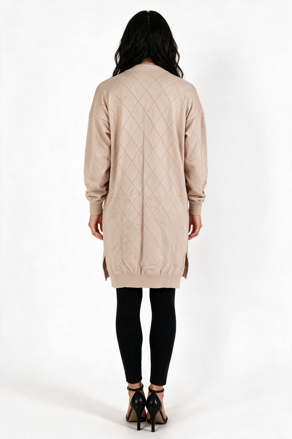 Long Pointelle Diamond-Knit Cardigan - Beige - back