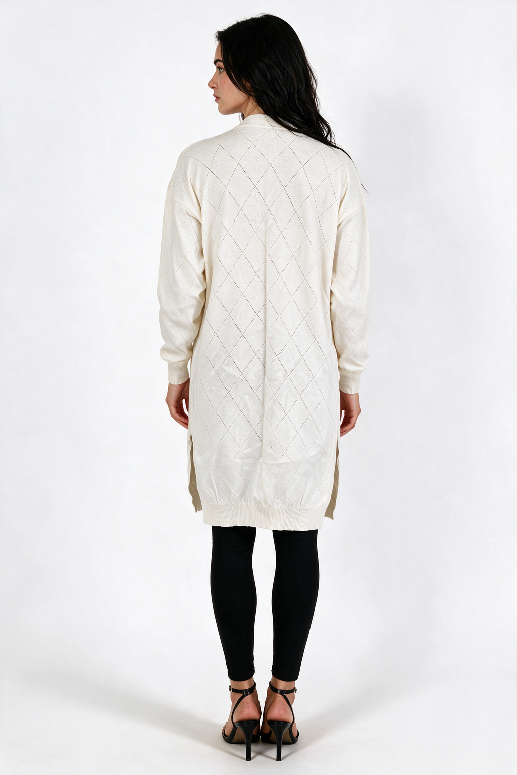 Long Pointelle Diamond-Knit Cardigan - White - back