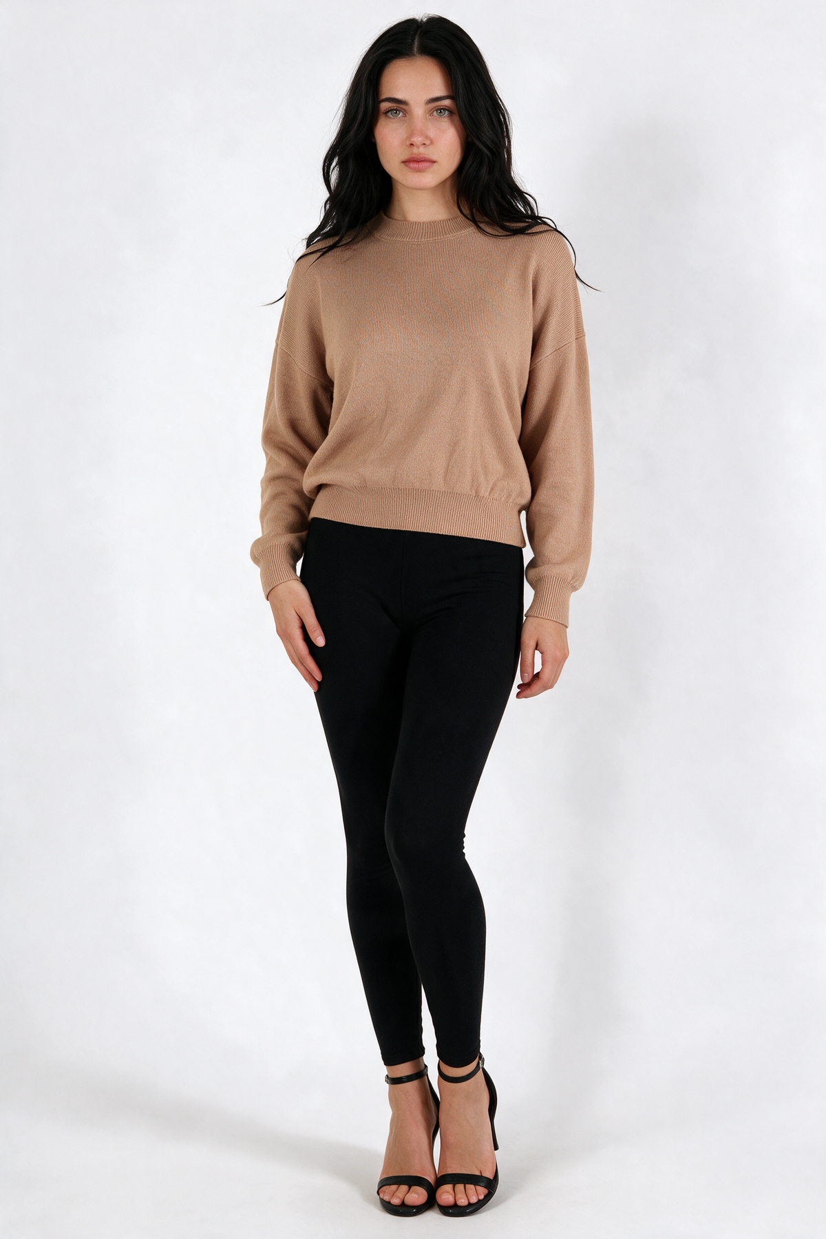 Drop-Shoulder Crew Neck Sweater - Camel - front