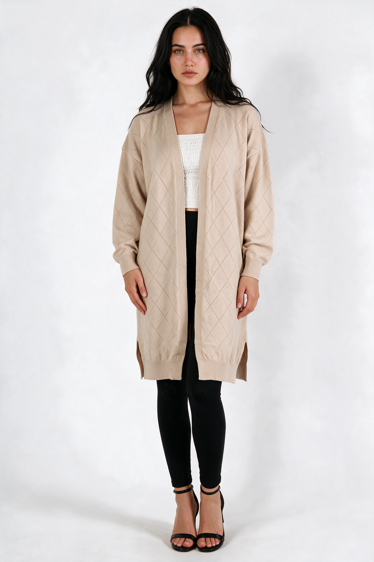 Long Pointelle Diamond-Knit Cardigan - Beige - front