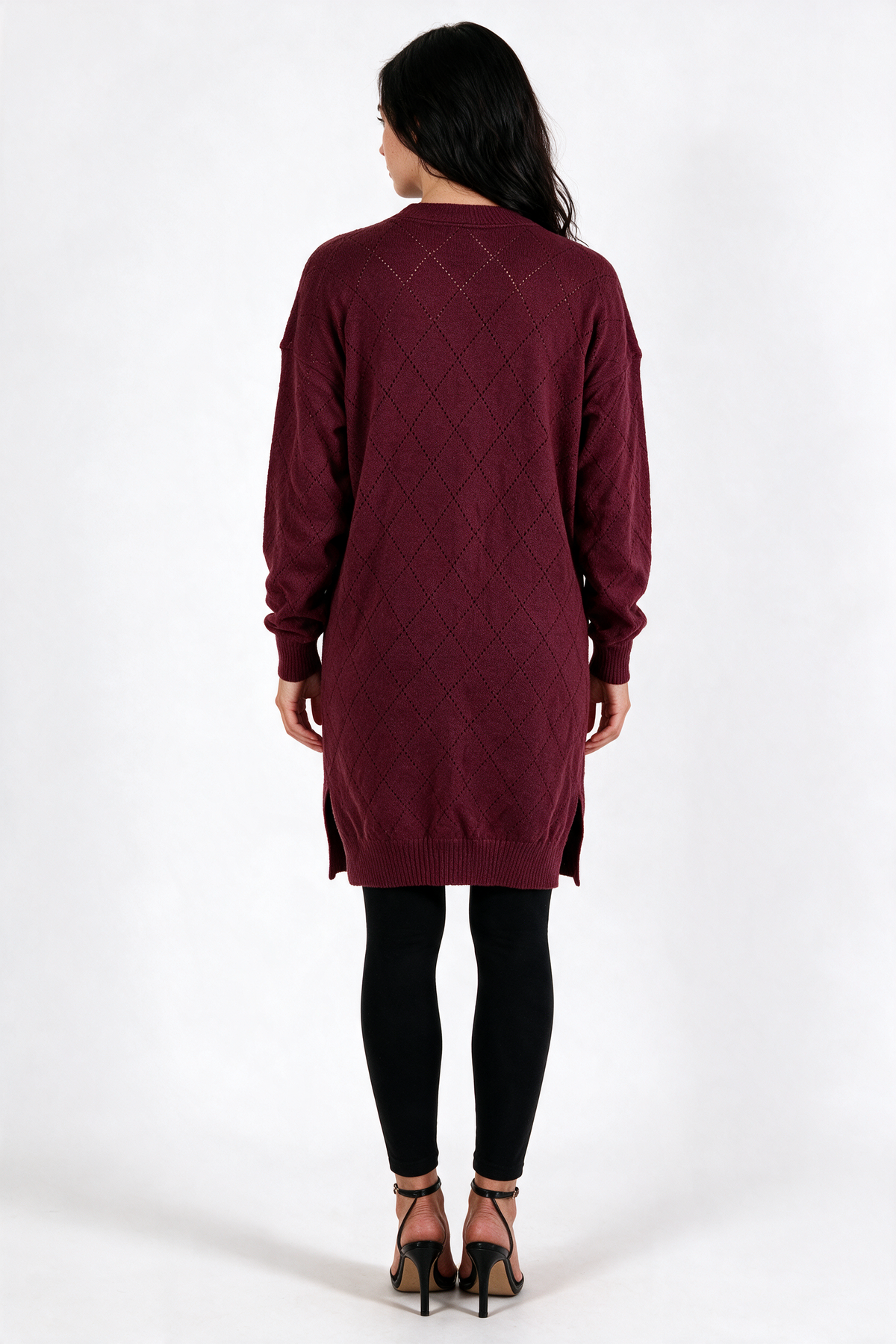 Long Pointelle Diamond-Knit Cardigan - Burgundy - back