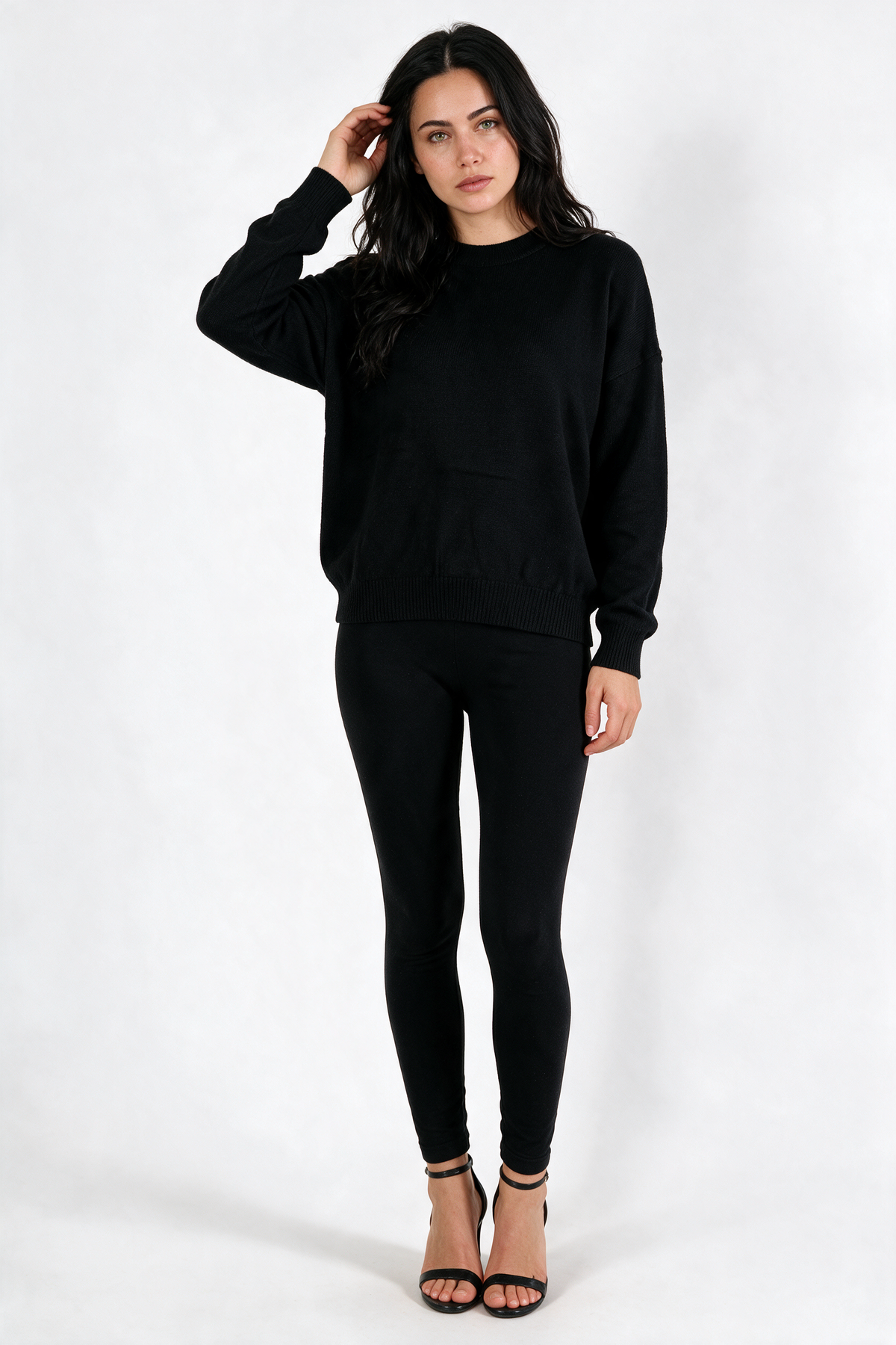 Drop-Shoulder Crew Neck Sweater - Black - front