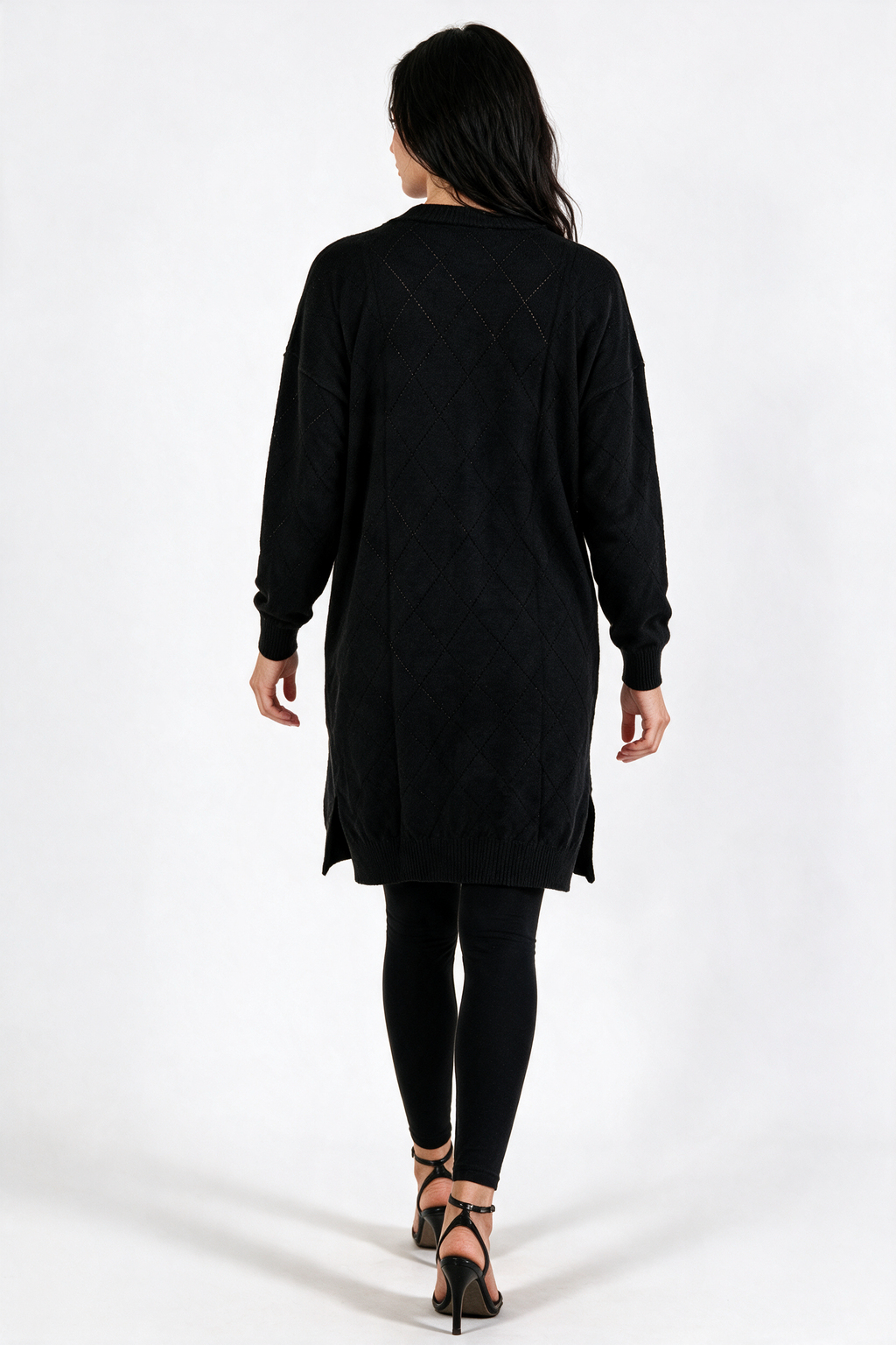 Long Pointelle Diamond-Knit Cardigan - Black - back