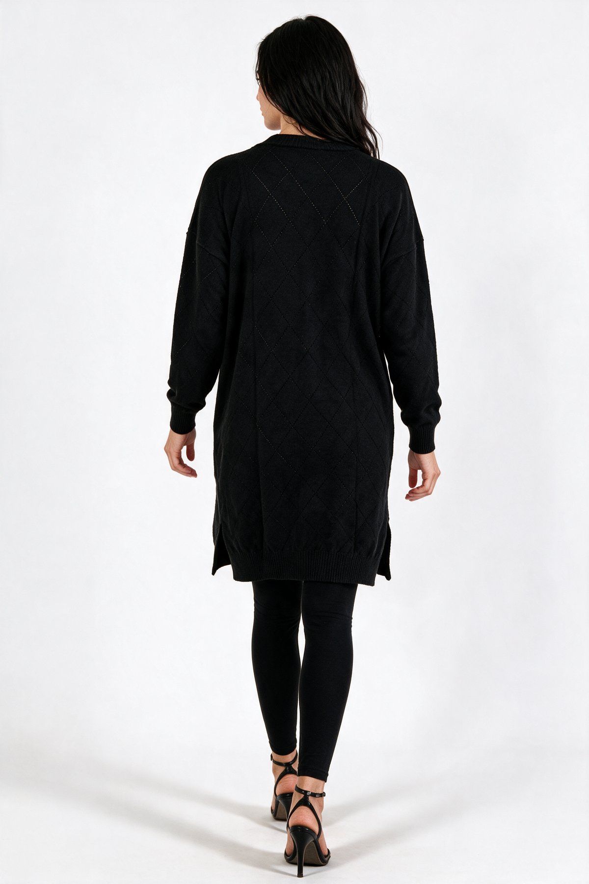 Long Pointelle Diamond-Knit Cardigan - Black - back