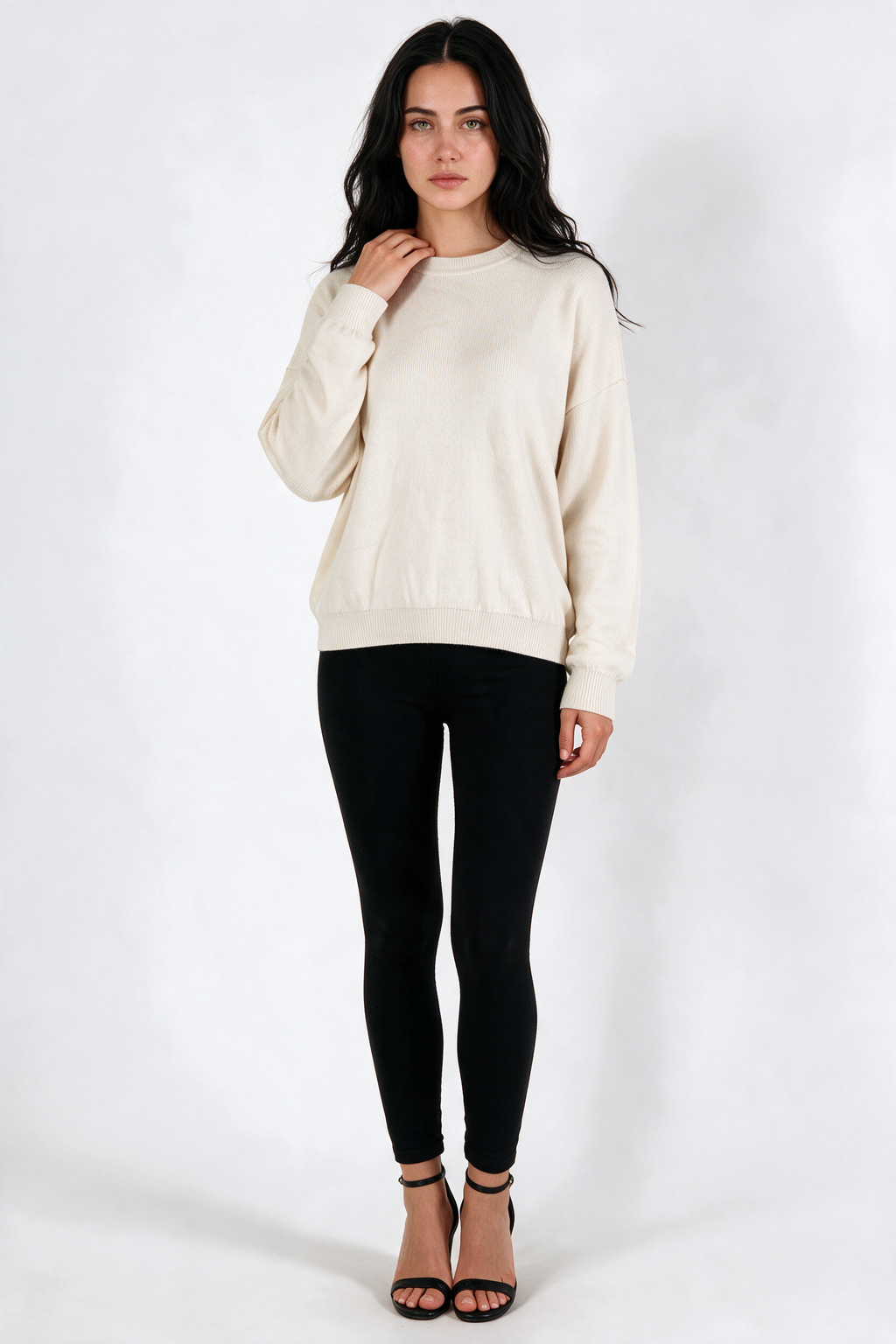 Drop-Shoulder Crew Neck Sweater - Cream - front