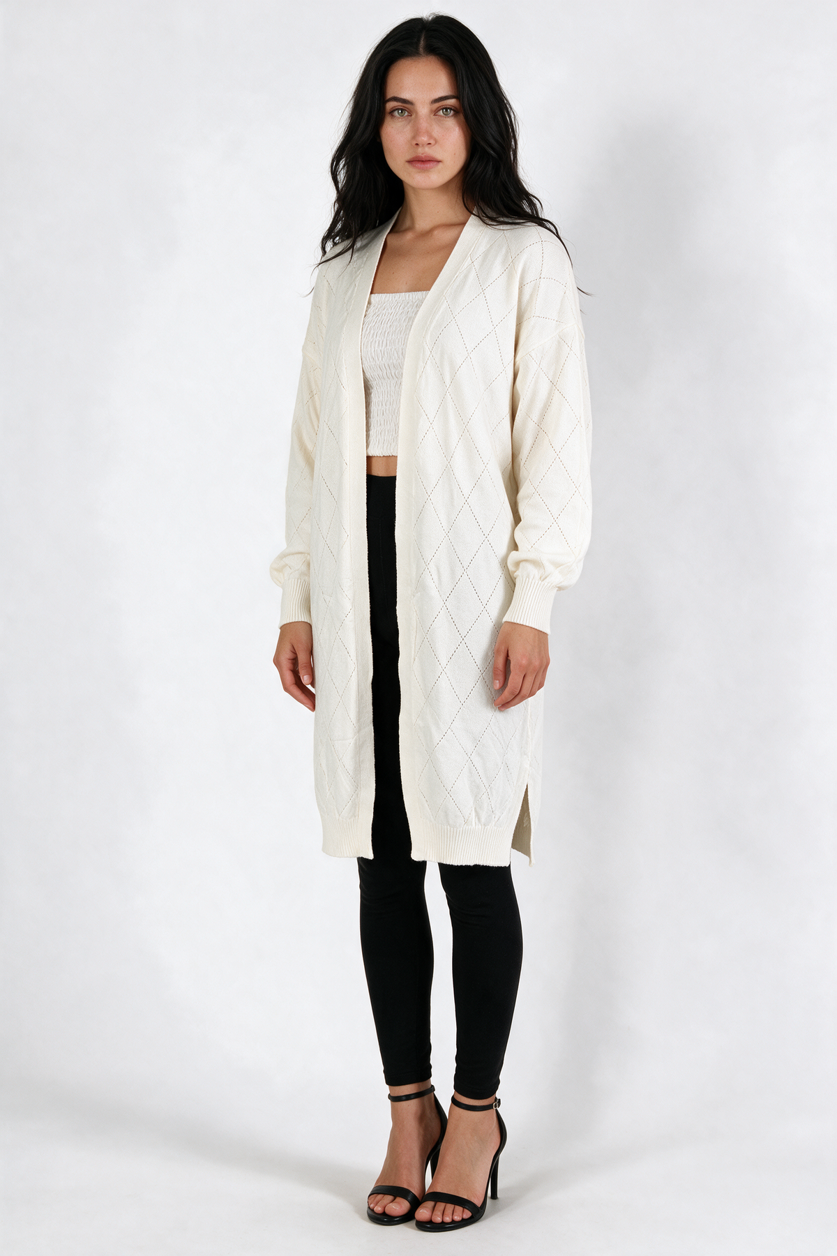 Long Pointelle Diamond-Knit Cardigan - White - front