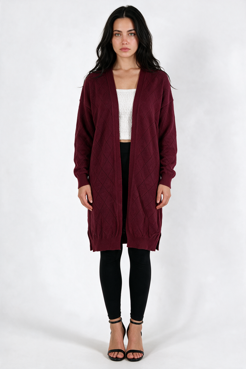 Long Pointelle Diamond-Knit Cardigan - Burgundy - front