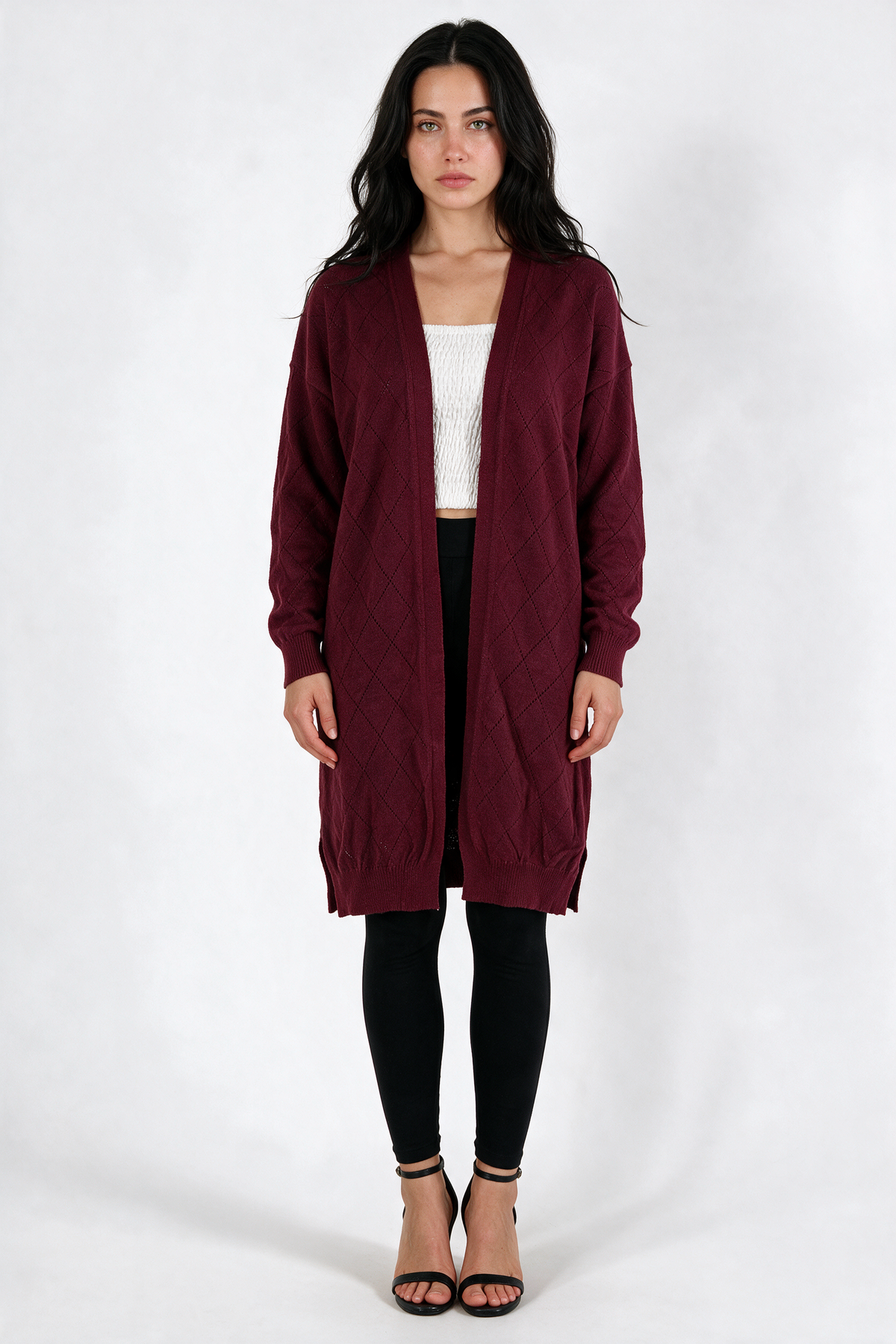 Long Pointelle Diamond-Knit Cardigan - Burgundy - front